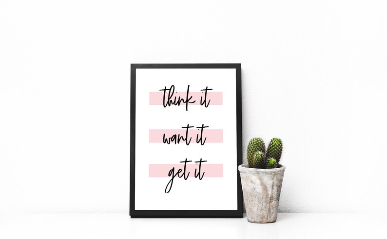 May include: Black framed print with the text "think it, want it, get it" in black script with pink horizontal lines behind each phrase. A small potted cactus is in the foreground.