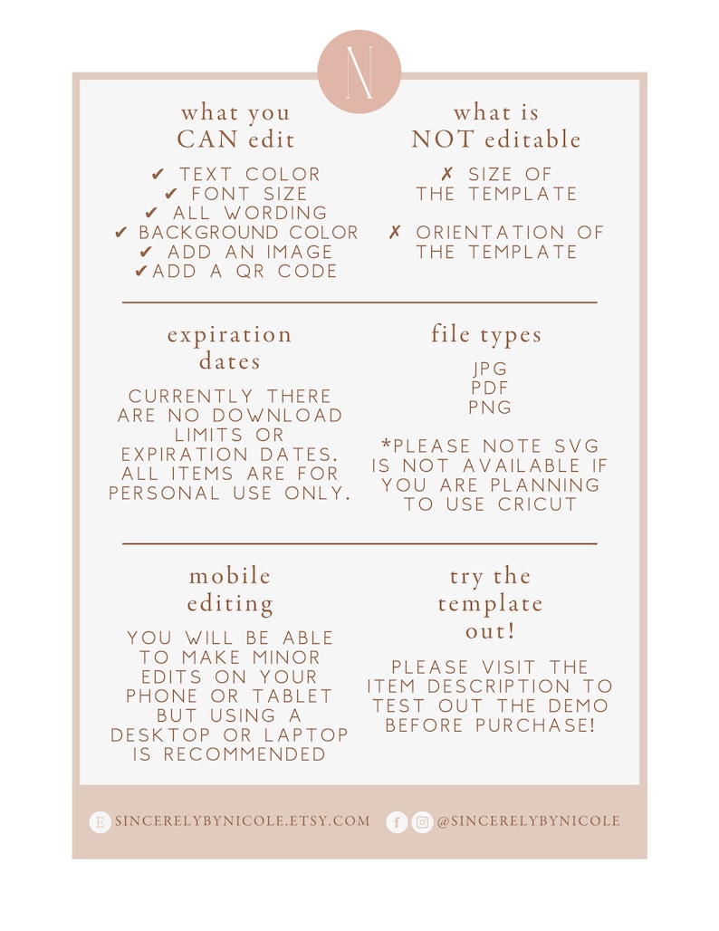 May include: A graphic outlining what can and cannot be edited in a digital template. The graphic lists editable features such as text colour, font size, and background colour. It also lists features that are not editable, such as the size and orientation of the template. The graphic also includes information about file types and mobile editing.