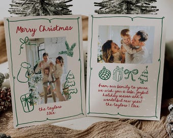 May include: A Christmas card with a green border and a photo of a family of three. The card has a handwritten message that says "From our family to yours, we wish you a safe, joyful holiday season and a wonderful new year! The Taylors".