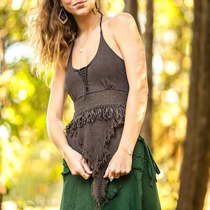Brown Fringe Top, Pixie Clothing, Summer Halter Top, Open Back Top, Boho Crop Top, Elven Clothing, Festival Clothing, Burning Man Top