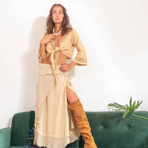 Long Tattered Skirt, Hippie Skirt, Festival ,Distressed Skirt, Tribal Clothing, Ethnic Maxi Skirt, Festival Beige Hippie Skirt With a Slit