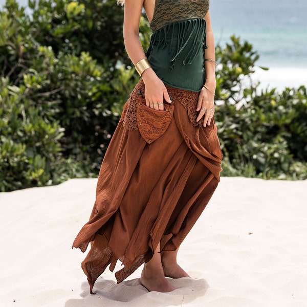 Brown Pixie Skirt, Loose Maxi Skirt, Festival Clothing, Tribal Skirt, Asymmetrical Skirt, Hippie Skirt, Steampunk Skirt, Burning Man Skirt