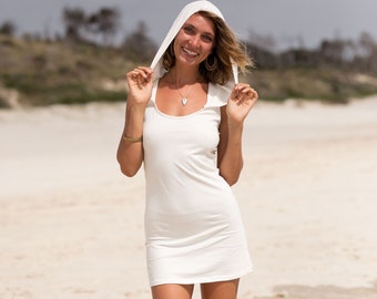 White Beach Dress, Hooded Dress, Mini Boho Dress, Psy Trance Goa, Hippie Clothing, Festival Dress, Burning Man Clothing