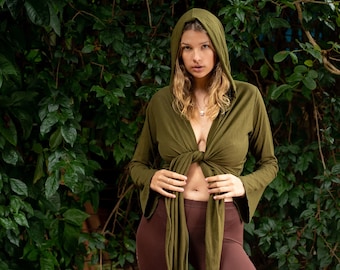 Pixie Wrap Hoodie, Elven Clothing, Forest Dweller Top, Fairy Hoodie, Short Wrap Blouse, Boho Clothing, Hooded Hippie Top, Festival Top