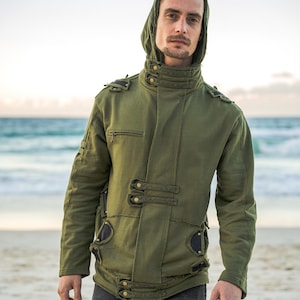 Men Green Jacket With Hoodie, Cyberpunk Jacket, Festival Clothing, Steampunk Jacket Coat, Men Pirate Hoodie Jacket, Burning Man Jacket, Goa