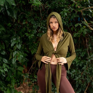 Pixie Wrap Hoodie, Elven Clothing, Forest Dweller Top, Fairy Hoodie, Short Wrap Blouse, Boho Clothing, Hooded Hippie Top, Festival Top
