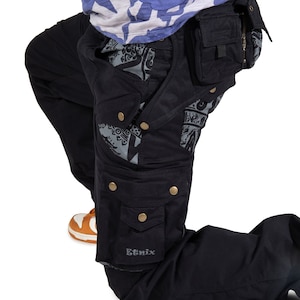 Black Cyberpunk Cargo Pants with Mayan Print and Detachable Pocket Belt, Psychedelic Festival Cargo Men Pants, Burning Man Clothing