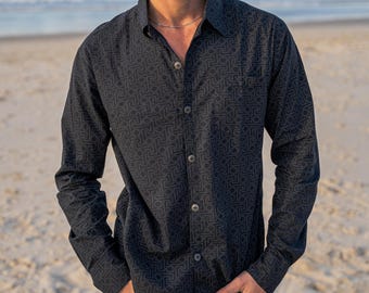 Chemise à manches longues pour homme, vêtements psytrance pour homme, chemise bohème sombre, chemise de plage, vêtements psychédéliques, chemise tribale labyrinthe