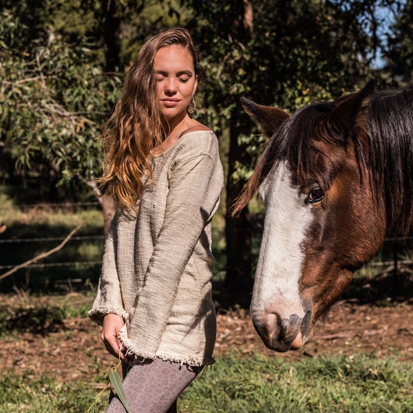 Top de algodón crudo, ropa boho, ropa nómada, ropa natural, ropa tribal, top hippie, top boho, top de manga larga, ropa de otoño