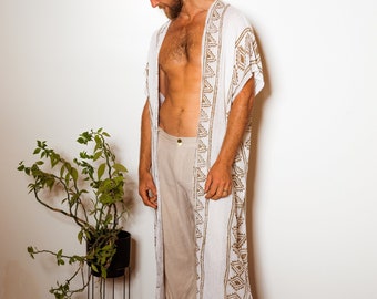 Kimono-Cardigan für Herren, Boho-Kimono für Herren, Wickelcardigan im Ethno-Stil, Strandcardigan für Herren, Lange Weste für Herren, Lange Weste mit Blockdruck, Festival-Kleidung