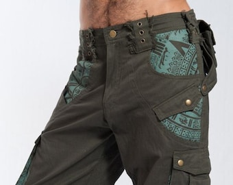 Mens Rave Shorts, Festival Clothing Men, Psy Trance Shorts, Mayan Print Pants, Cargo Shorts, Cyberpunk Pants, Psychedelic Burning Man Pants