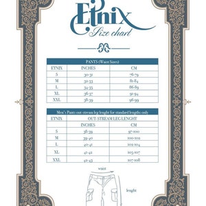 May include: Size chart for pants and out-stream leg lengths in inches and centimeters. The chart shows sizes S, M, L, XL, and XXL. The chart also includes a diagram of a pair of pants with the waist and length labeled.