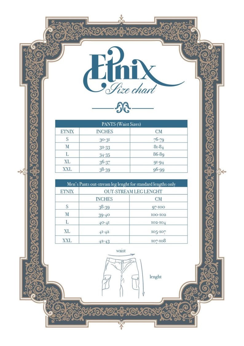May include: Size chart for pants and out-stream leg lengths in inches and centimeters. The chart shows sizes S, M, L, XL, and XXL. The chart also includes a diagram of a pair of pants with the waist and length labeled.