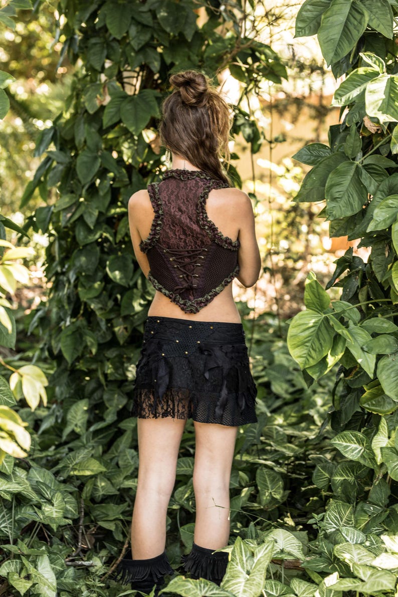 Gonna corta boho, minigonna patchwork, gonna da fata/pixie da festival, abbigliamento elfico, gonna drappeggiata hippie, gonna rosa acceso, gonna steampunk immagine 5