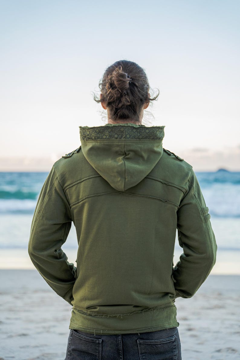 Grüne Herrenjacke mit Kapuze, Cyberpunk-Jacke, Festivalkleidung, Steampunk-Jacke, Piraten-Kapuzenjacke für Herren, Burning-Man-Jacke, Goa Bild 2