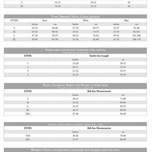 May include: A size chart for women's clothing with measurements in inches and centimeters. The chart includes sizes for tops, dresses, vests, coats, jackets, pants, leggings, skirts, shorts, and women's pants and leggings.