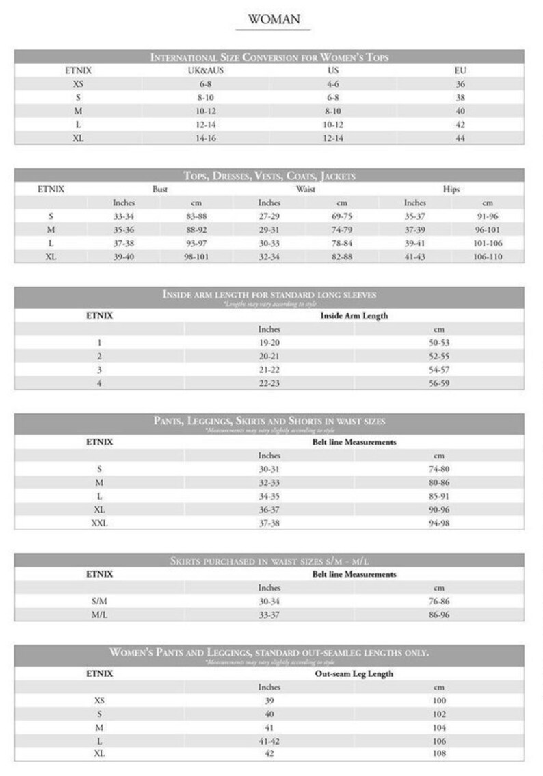 May include: A size chart for women's clothing with measurements in inches and centimeters. The chart includes sizes for tops, dresses, vests, coats, jackets, pants, leggings, skirts, shorts, and women's pants and leggings.