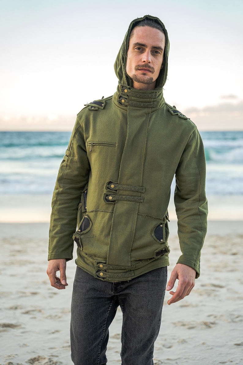 Grüne Herrenjacke mit Kapuze, Cyberpunk-Jacke, Festivalkleidung, Steampunk-Jacke, Piraten-Kapuzenjacke für Herren, Burning-Man-Jacke, Goa Bild 1
