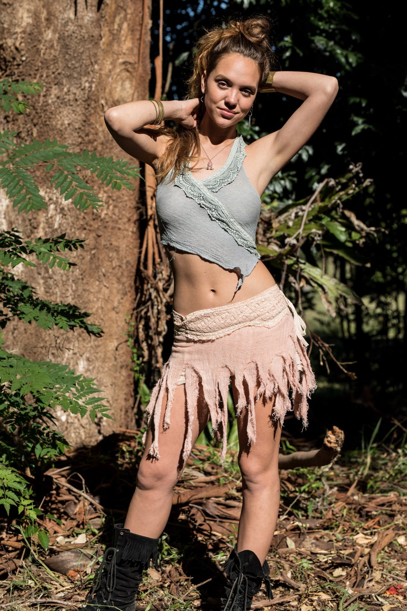 Burning Man Clothing, Fairy Skirt, Festival Mini Skirt, Drape Skirt, Pixie Clothing, Gypsy Skirt, Fringe Gray Skirt, Viking Tribal Clothing Warm Pink Mauve