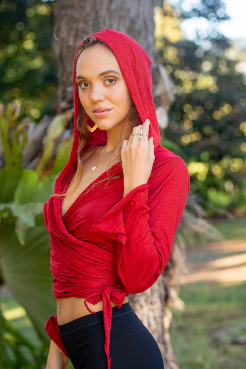 Wrap Hooded Top, Tribal Clothing, Ethnic Hoodie, Pixie Blouse, Fairy Hoodie, Boho Clothing, Front Tie Blouse, Long Sleeve Top, Bell Sleeve image 13