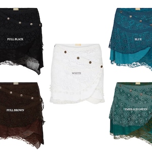 May include: A selection of lace wrap skirts in black, white, blue, brown, and emerald green. Each skirt has a layered design with decorative buttons and a scalloped hem. The text "FULL BLACK", "WHITE", "BLUE", "FULL BROWN", and "EMERALD GREEN" are visible.