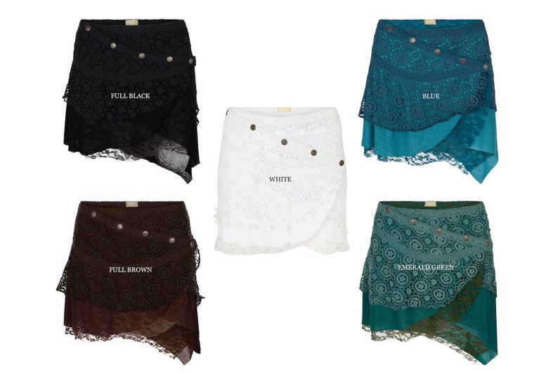 May include: A selection of lace wrap skirts in black, white, blue, brown, and emerald green. Each skirt has a layered design with decorative buttons and a scalloped hem. The text "FULL BLACK", "WHITE", "BLUE", "FULL BROWN", and "EMERALD GREEN" are visible.