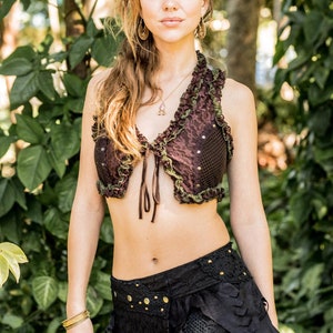 Krótkie kamizelki damskie, kamizelki gorsetowe, kamizelki pirackie, Psy Trance Goa, ubrania w stylu Pixie, kamizelki wróżek, kamizelki burleskowe, kamizelki cygańskie, ubrania elfów, ubrania hipisowskie Brown