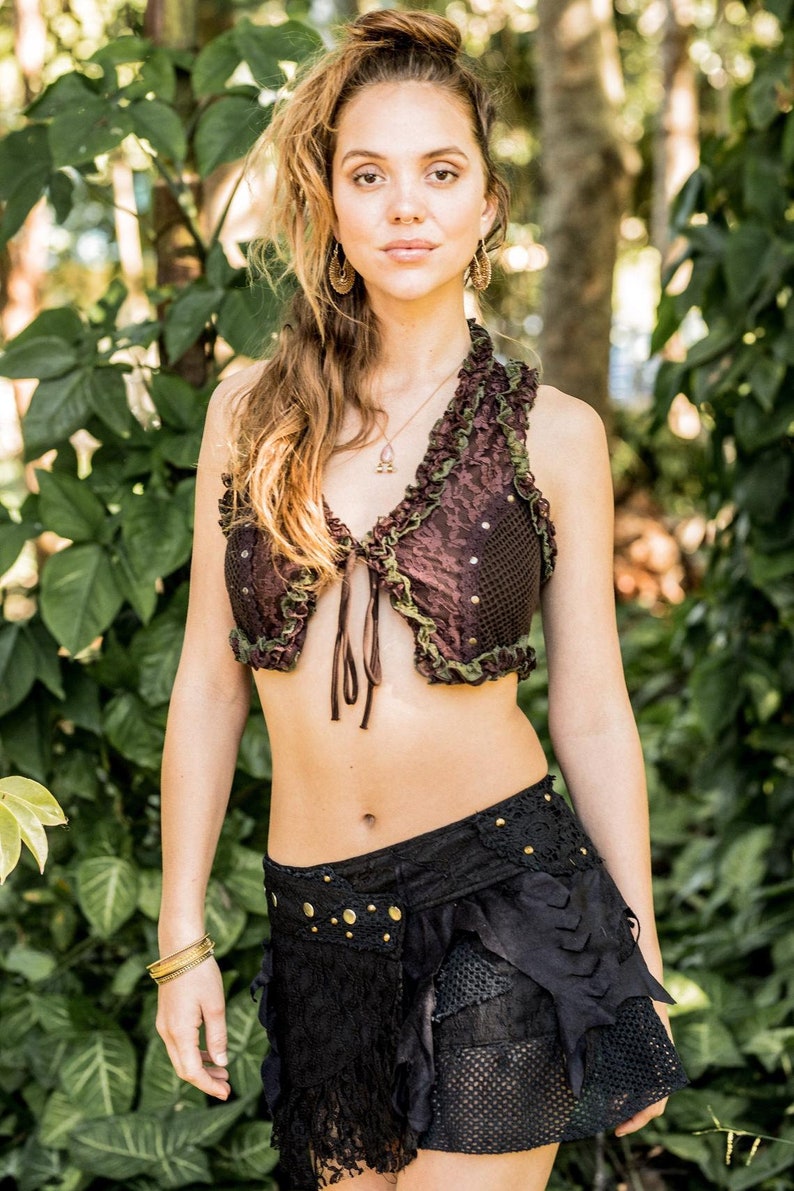 Krótkie kamizelki damskie, kamizelki gorsetowe, kamizelki pirackie, Psy Trance Goa, ubrania w stylu Pixie, kamizelki wróżek, kamizelki burleskowe, kamizelki cygańskie, ubrania elfów, ubrania hipisowskie Brown