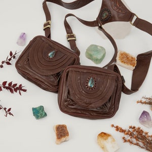 Leather Holster Belt with Double Pockets, Leather Holster Bag with Labradorite Stones, Utility Holster Bag, Boho Rave Bag, Burning Man Bag