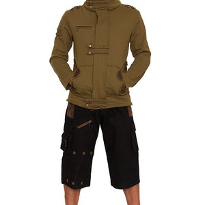 May include: An olive green hooded jacket with brown accents, paired with black cargo shorts and black high-top sneakers. The jacket features a zipper pocket and decorative buttons. The shorts have multiple pockets and decorative stitching.
