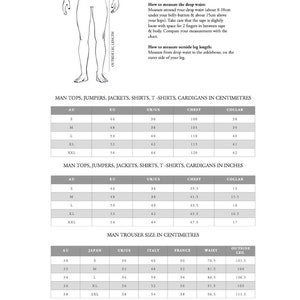 Puede incluir: Una tabla de tallas para tops, jers&eacute;is, chaquetas, camisas, camisetas y c&aacute;rdigans para hombre, tanto en cent&iacute;metros como en pulgadas. La tabla tambi&eacute;n incluye una tabla de tallas para pantalones para hombre en cent&iacute;metros y pulgadas.