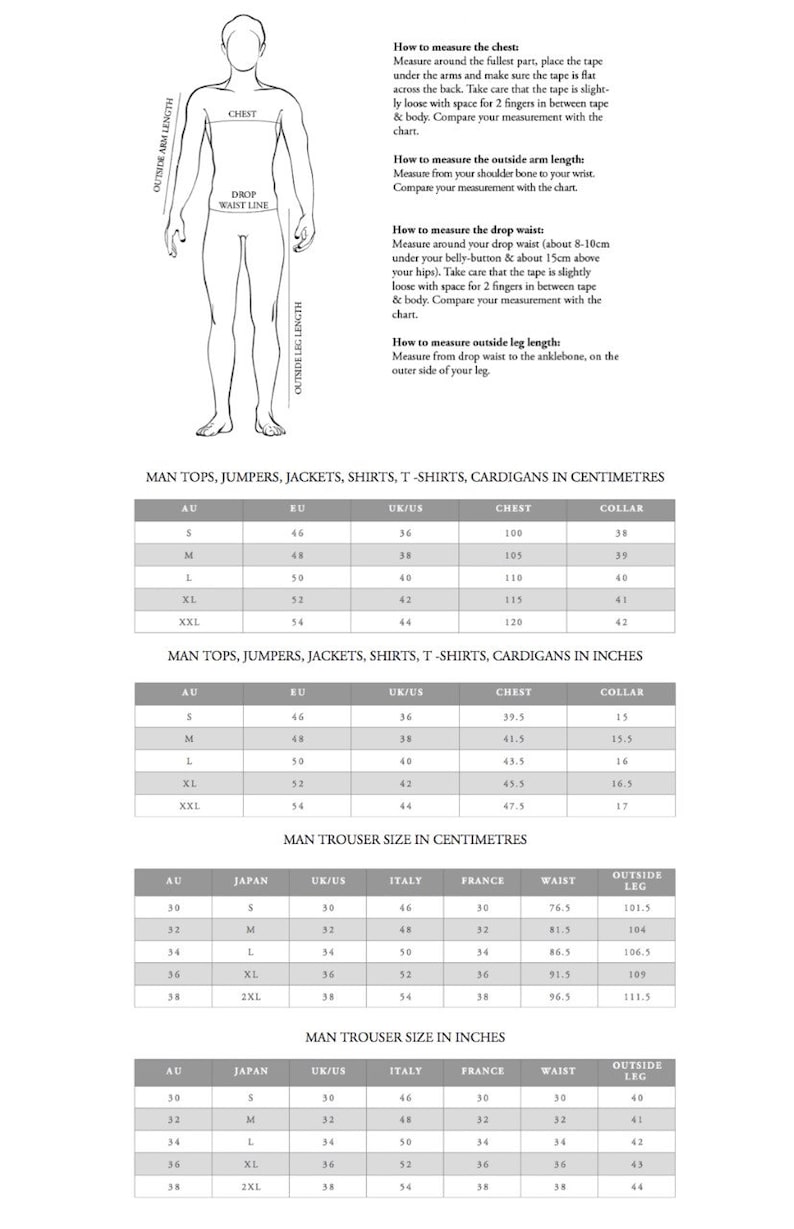 Puede incluir: Una tabla de tallas para tops, jers&eacute;is, chaquetas, camisas, camisetas y c&aacute;rdigans para hombre, tanto en cent&iacute;metros como en pulgadas. La tabla tambi&eacute;n incluye una tabla de tallas para pantalones para hombre en cent&iacute;metros y pulgadas.
