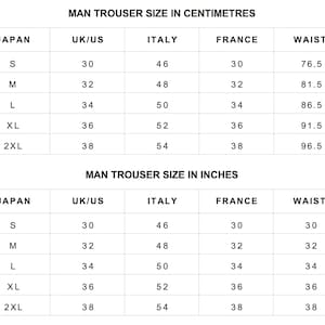 May include: A chart showing men's trouser sizes in both centimeters and inches. The chart includes sizes for Australia, Japan, UK/US, Italy, and France. The chart shows waist and outside leg measurements.