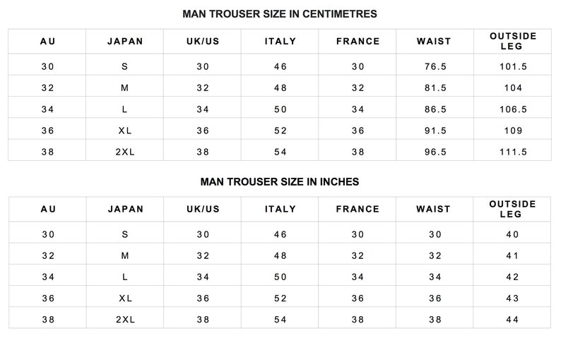 May include: A chart showing men's trouser sizes in both centimeters and inches. The chart includes sizes for Australia, Japan, UK/US, Italy, and France. The chart shows waist and outside leg measurements.