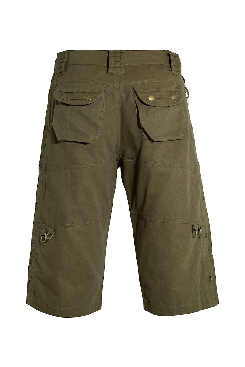 May include: Olive green cargo shorts with multiple pockets and metal accents.