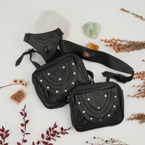 Leather Holster Bag with Labradorite Gemstone, Leather Holster Belt, Festival Belt, Double Pocket Holster, Cyberpunk Gift, Utility Holster