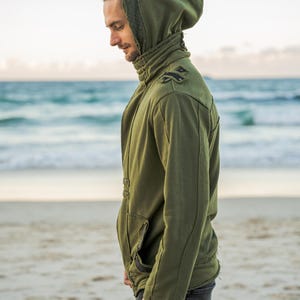 Grüne Herrenjacke mit Kapuze, Cyberpunk-Jacke, Festivalkleidung, Steampunk-Jacke, Piraten-Kapuzenjacke für Herren, Burning-Man-Jacke, Goa Bild 3