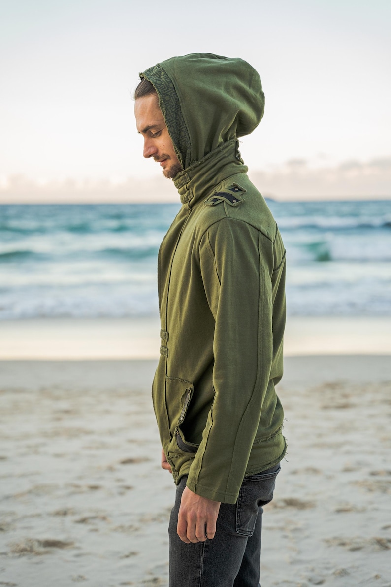 Grüne Herrenjacke mit Kapuze, Cyberpunk-Jacke, Festivalkleidung, Steampunk-Jacke, Piraten-Kapuzenjacke für Herren, Burning-Man-Jacke, Goa Bild 3