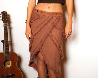 Nomad Wrap Skirt, Tattered Tribal Skirt with Brass Studs, Earthy Clothing, Pixie High Low Skirt, Elven Clothing, Ethnic Fringe Skirt