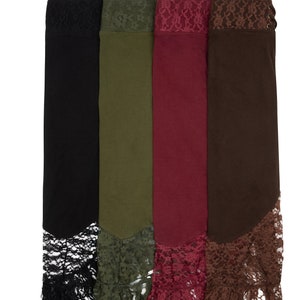 May include: Four long skirts with lace trim. The skirts are black, olive green, burgundy, and brown.