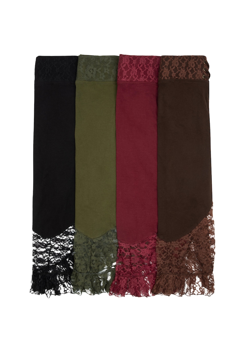 May include: Four long skirts with lace trim. The skirts are black, olive green, burgundy, and brown.