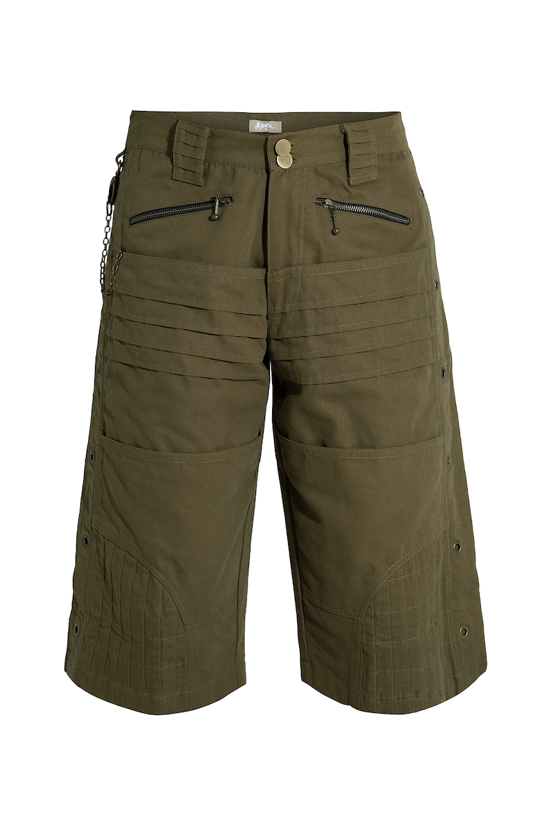 May include: Olive green cargo shorts with multiple pockets and a chain detail. The shorts have a button and zipper closure.