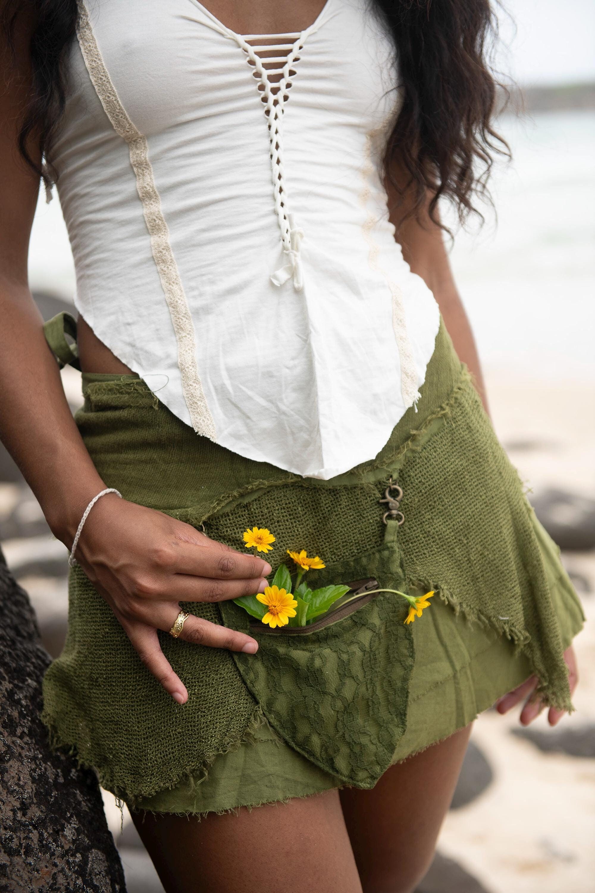 Green Elven Mini Skirt, Pixie Lace Skirt with Pouch, Tattered Short Boho Skirt, Burning Man Clothing, Forest Dweller Drape Skirt