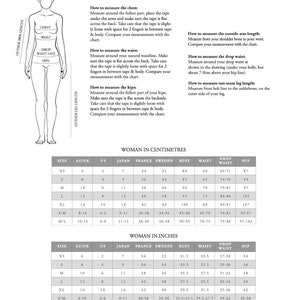 May include: A size chart for women's clothing in both inches and centimeters. The chart includes measurements for bust, waist, hip, and drop waist. The chart also includes size conversions for XS, S, M, L, XL, S/M, and M/L.