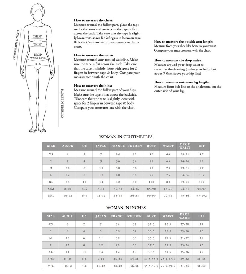 May include: A size chart for women's clothing in both inches and centimeters. The chart includes measurements for bust, waist, hip, and drop waist. The chart also includes size conversions for XS, S, M, L, XL, S/M, and M/L.