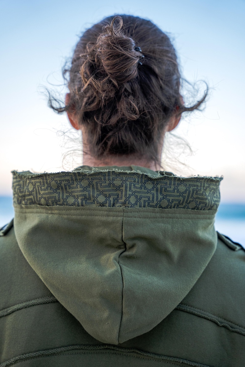 Grüne Herrenjacke mit Kapuze, Cyberpunk-Jacke, Festivalkleidung, Steampunk-Jacke, Piraten-Kapuzenjacke für Herren, Burning-Man-Jacke, Goa Bild 4