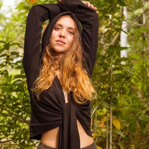 Wrap Hooded Top, Tribal Clothing, Ethnic Hoodie, Pixie Blouse, Fairy Hoodie, Boho Clothing, Front Tie Blouse, Long Sleeve Top, Bell Sleeve BLACK S/M
