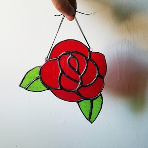 Stained Glass Rose Blossom Sun Catcher Pink or Red Flower Petals Handmade Made to Order VDAY DEADLINE FEB 1 image 1