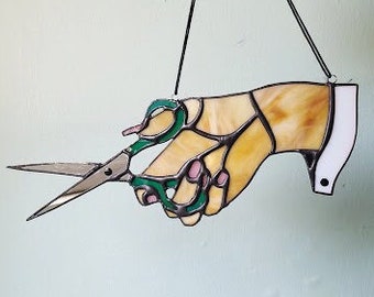 Scissor Hands Sun Catcher - Cutting Hand Stained Glass - An Ode to Crafters - Ready to Ship!