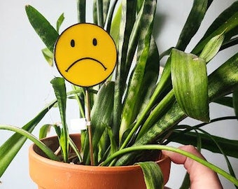 Sad Face Plant Stake - Happy Stained Glass Planter Accessory - Ready to Ship!